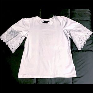 Lauren tee knit top eyelet flare sleeve cotton crew neck dressy t-shirt white XS